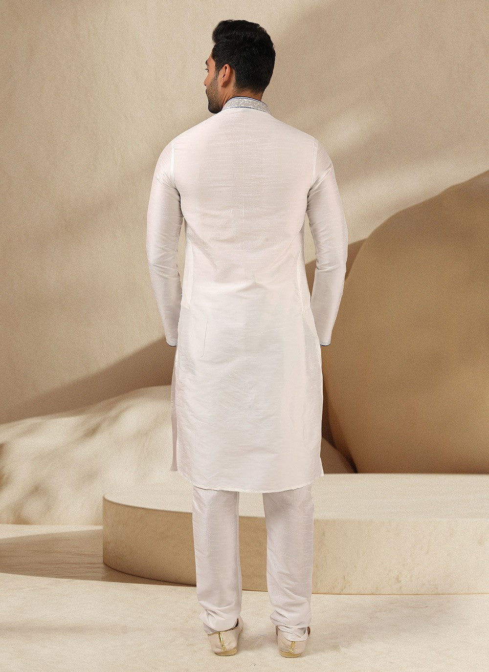 Embroidered Banarasi Silk Off White Kurta Pyjama - M3228