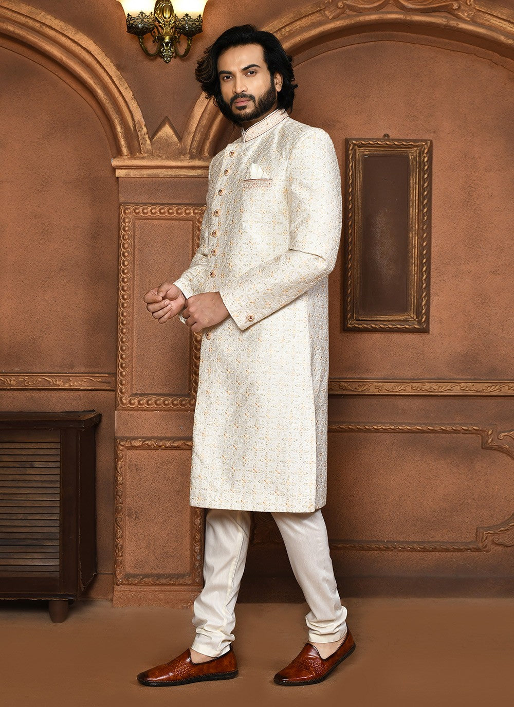 Embroidered Art Silk Off White Sherwani - M8053