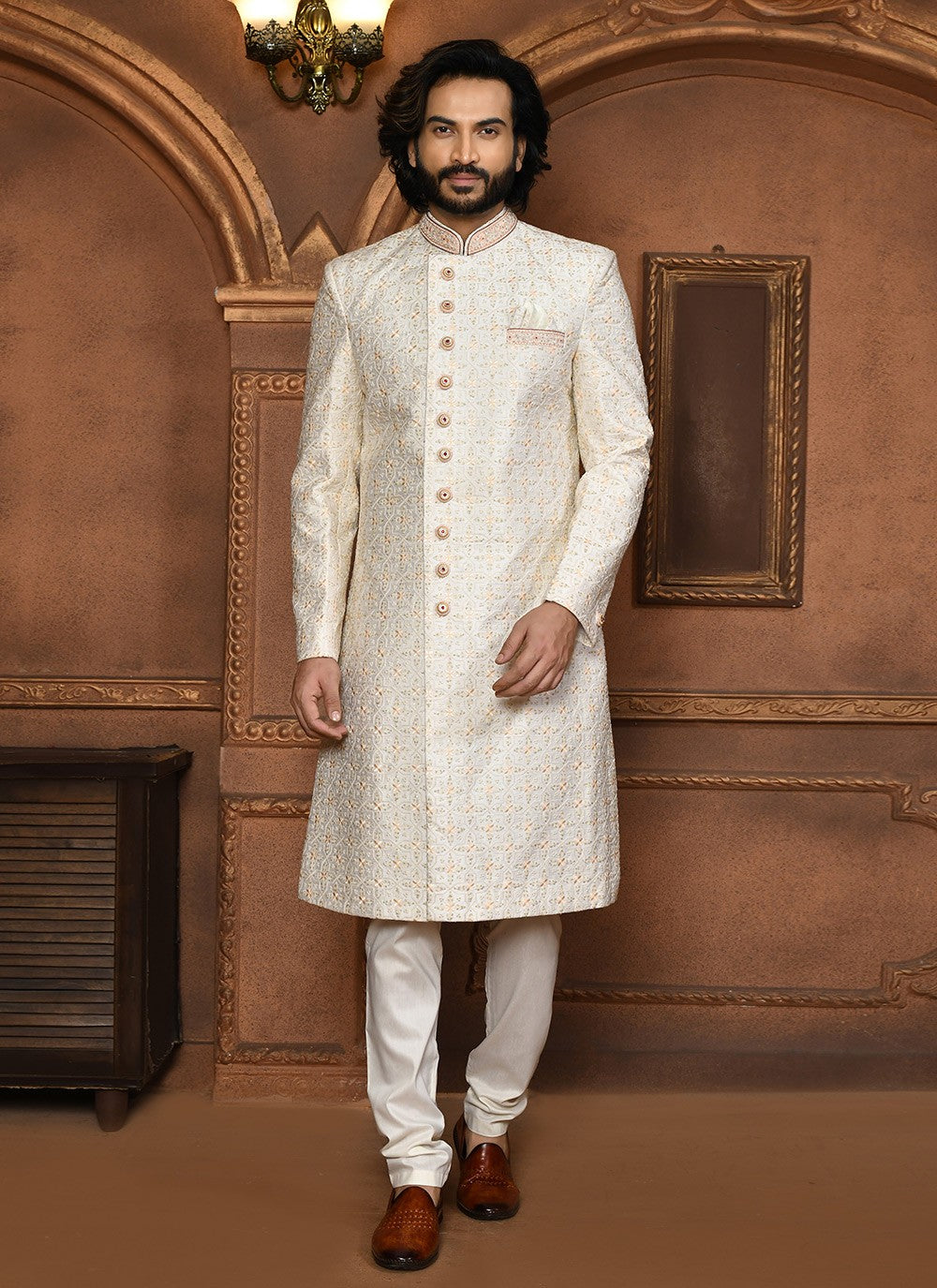 Embroidered Art Silk Off White Sherwani - M8053