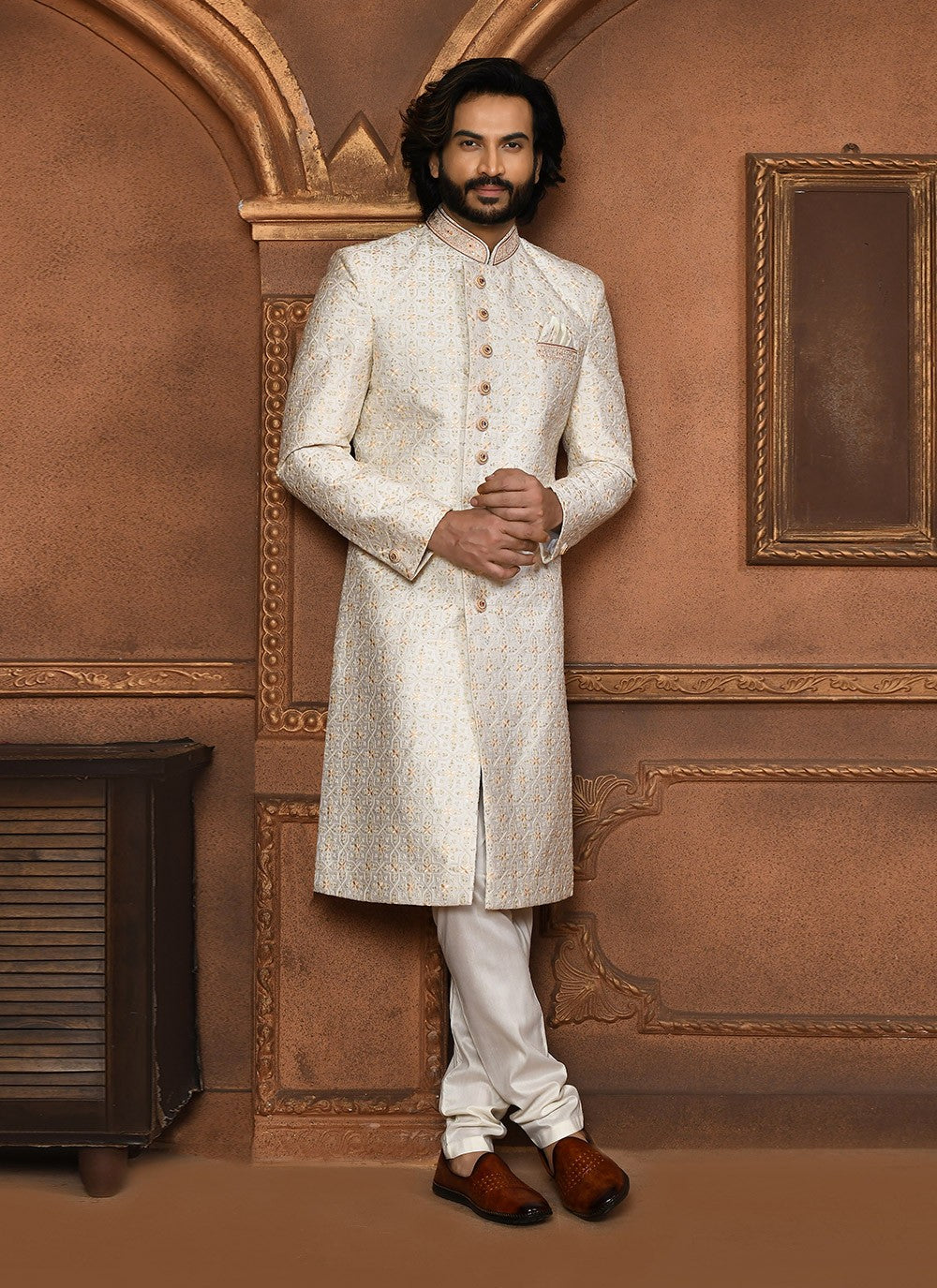 Embroidered Art Silk Off White Sherwani - M8053