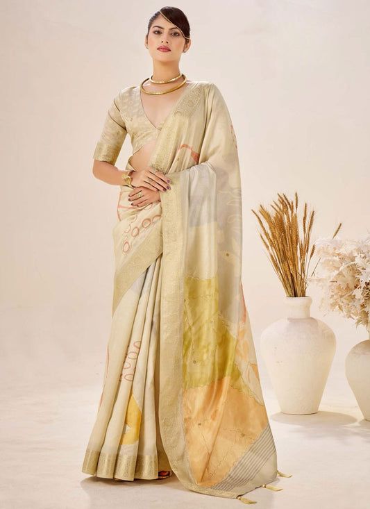 Off White Silk Classic Saree Border Work, Fancy Work, Printed, Weaving Zari S19082