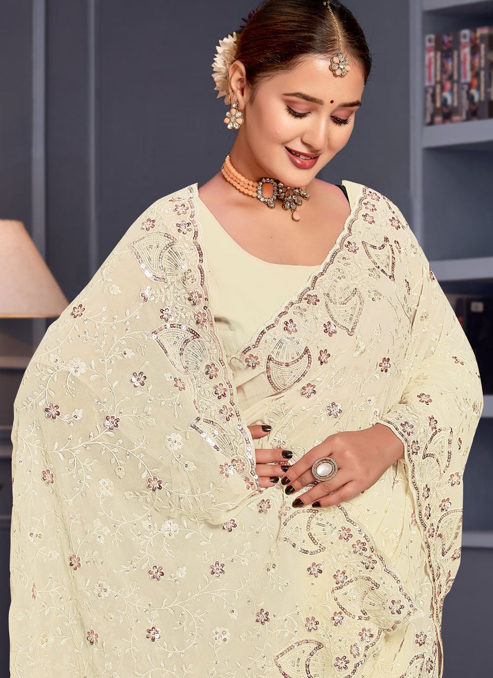 Embroidered Georgette Off White Saree S14655