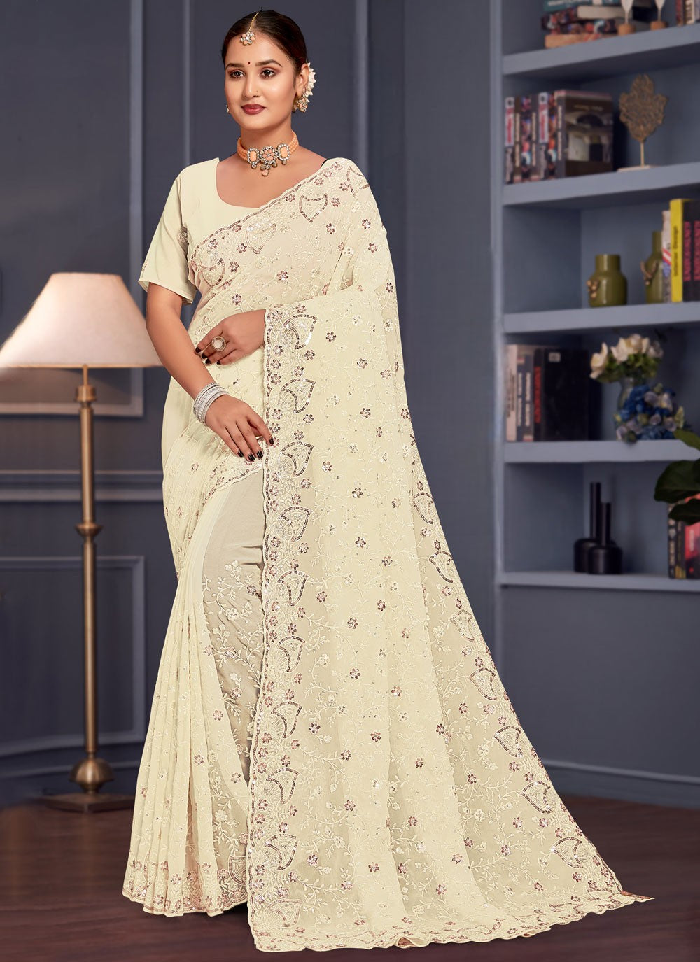 Embroidered Georgette Off White Saree S14655