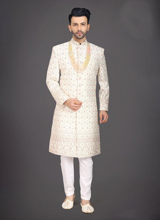 Embroidered Silk Off White Sherwani - M7963