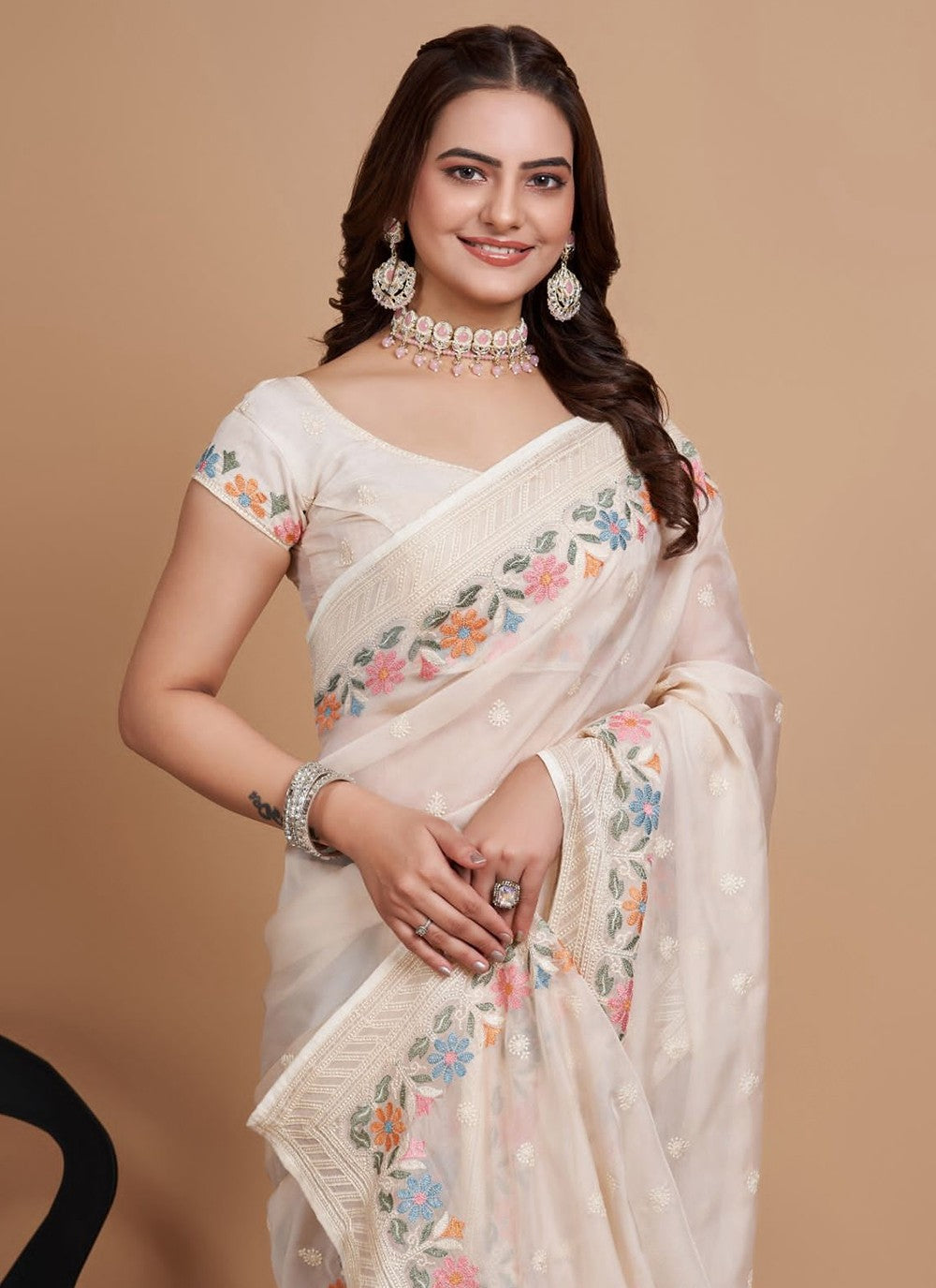 Trendy Embroidered Organza, Silk Saree - S5215