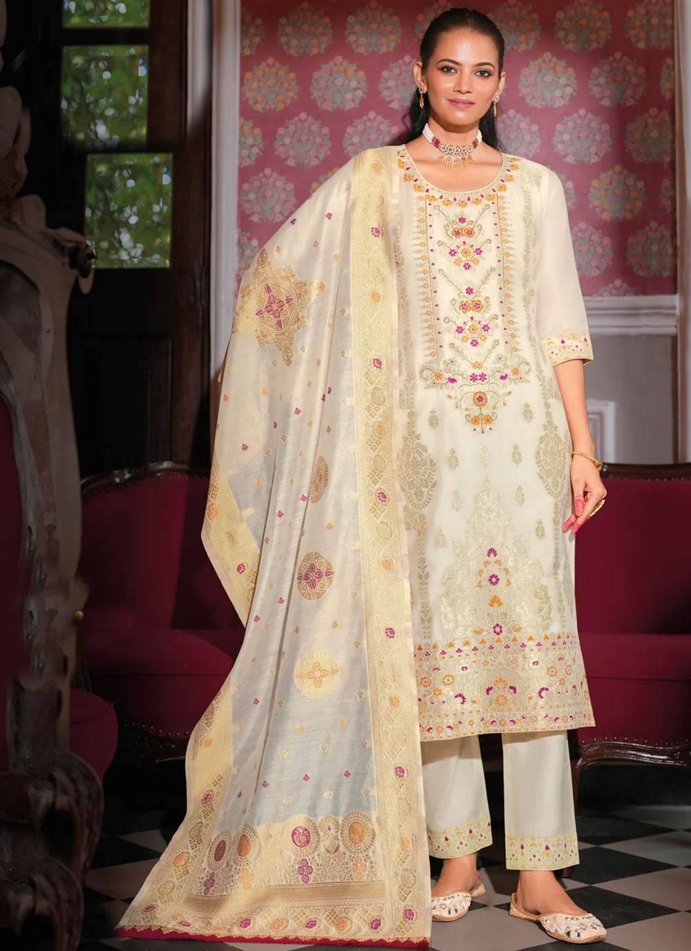 Jacquard Work Banarasi Jacquard Off White Salwar Suit T6111