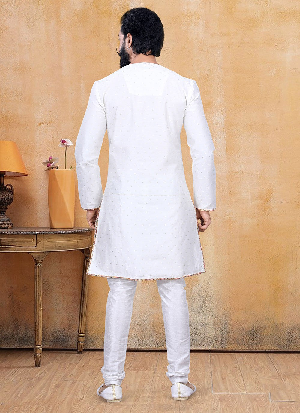 Fancy Work Chanderi Silk Off White Kurta Pyjama - M3382