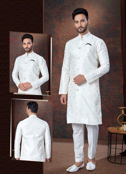 Plain Jacquard Off White Indo Western - M7702