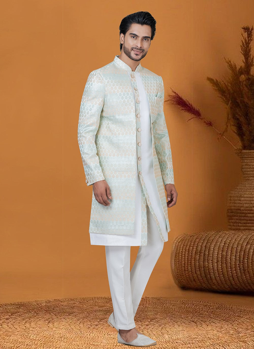 Jacquard Work Jacquard Silk Off White Indo Western - M8408