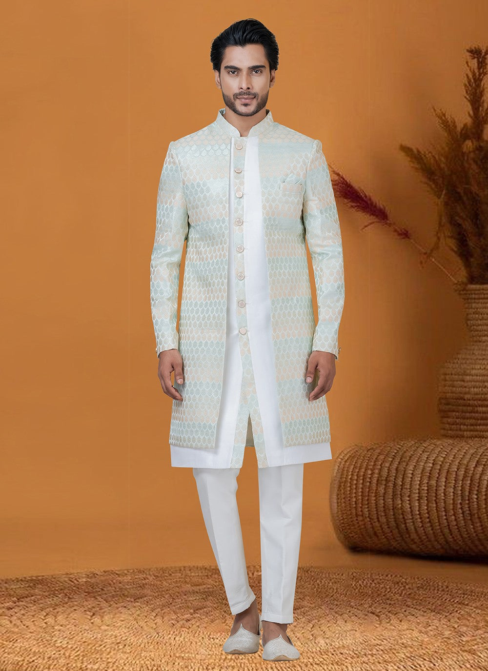Jacquard Work Jacquard Silk Off White Indo Western - M8408