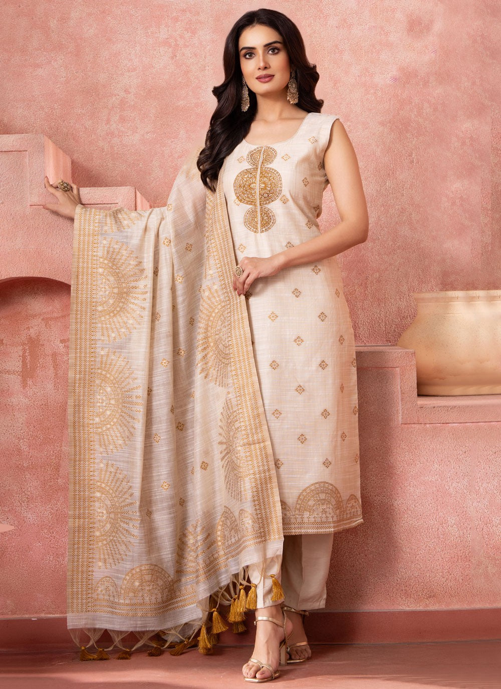 Pant Style Suit Embroidered Off White T8091