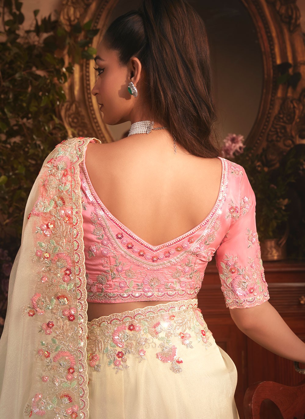 Off White Organza Designer Saree Border Work, Cut Work, Embroidered, Sequins, Zari S19404