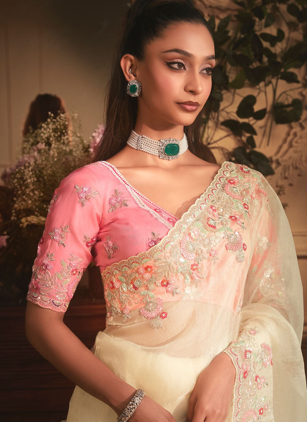 Off White Organza Designer Saree Border Work, Cut Work, Embroidered, Sequins, Zari S19404