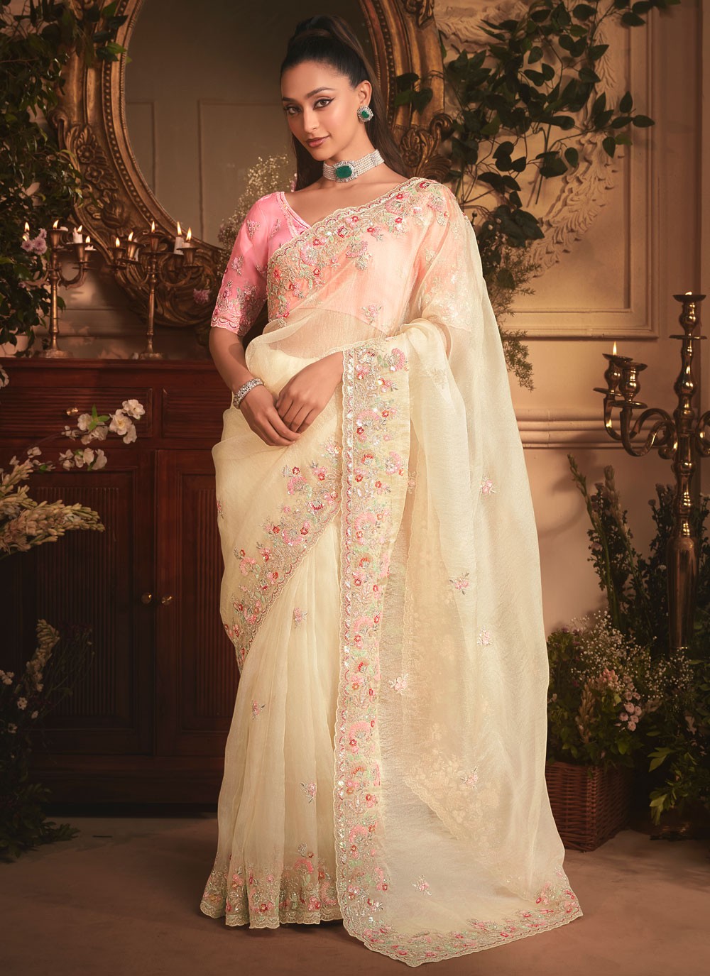 Off White Organza Designer Saree Border Work, Cut Work, Embroidered, Sequins, Zari S19404