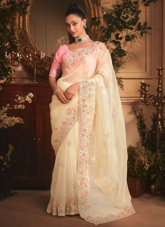 Off White Organza Designer Saree Border Work, Cut Work, Embroidered, Sequins, Zari S19404