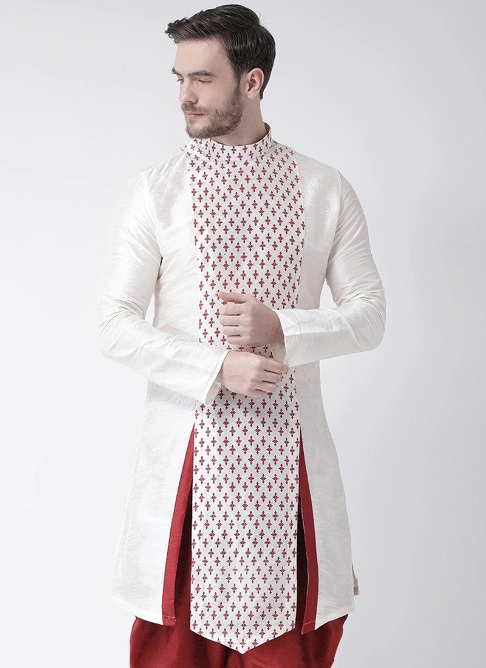 Weaving Zari Dupion Silk Off White Kurta - M2276