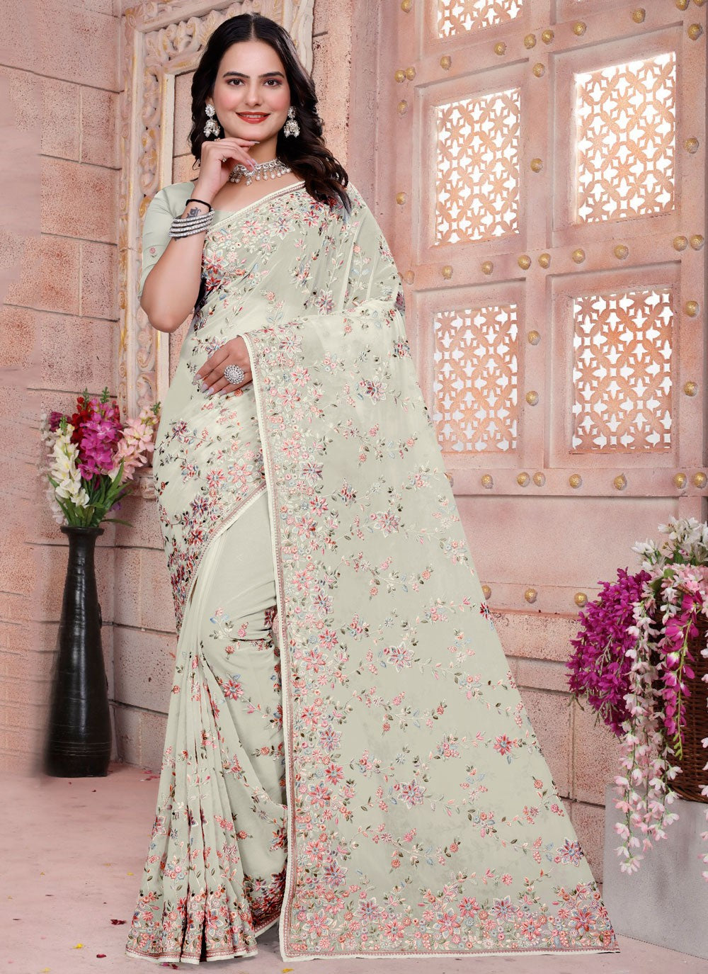 Embroidered Georgette Off White Saree S14832