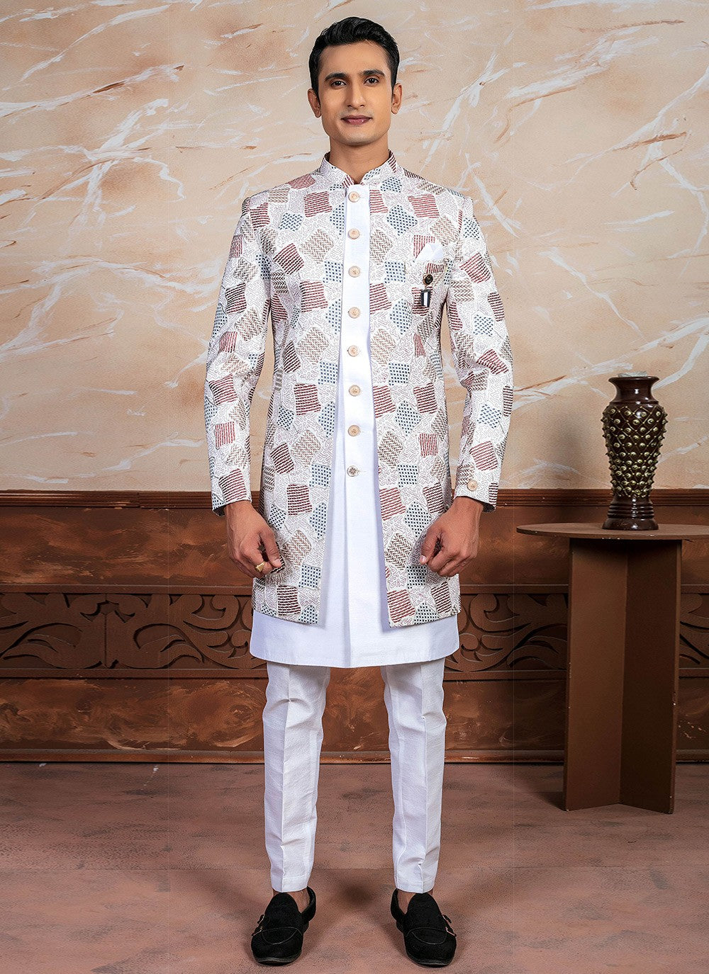 Embroidered Silk Off White Indo Western - M8336