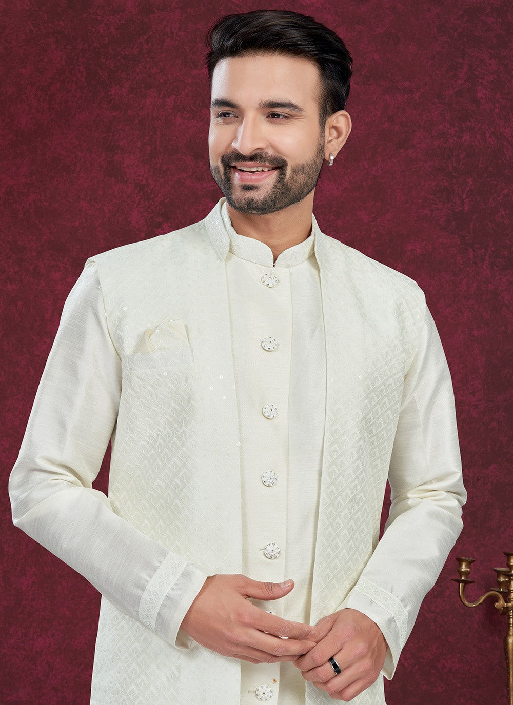 Embroidered Art Silk Off White Indo Western Sherwani - M8600