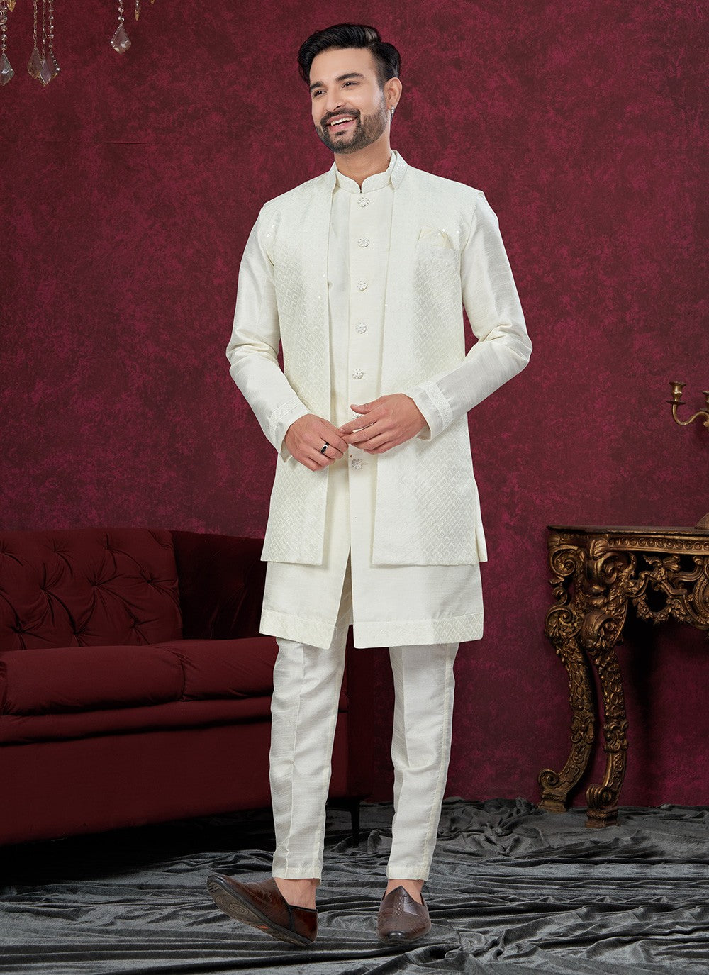 Embroidered Art Silk Off White Indo Western Sherwani - M8600