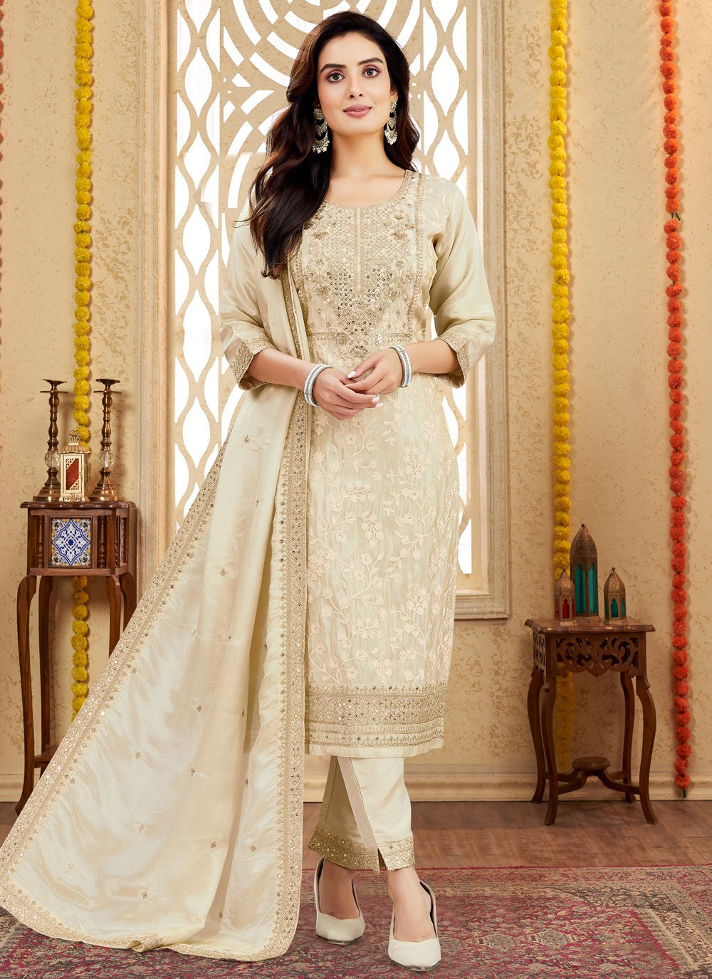 Pant Style Suit Embroidered, Zari Off White T7986