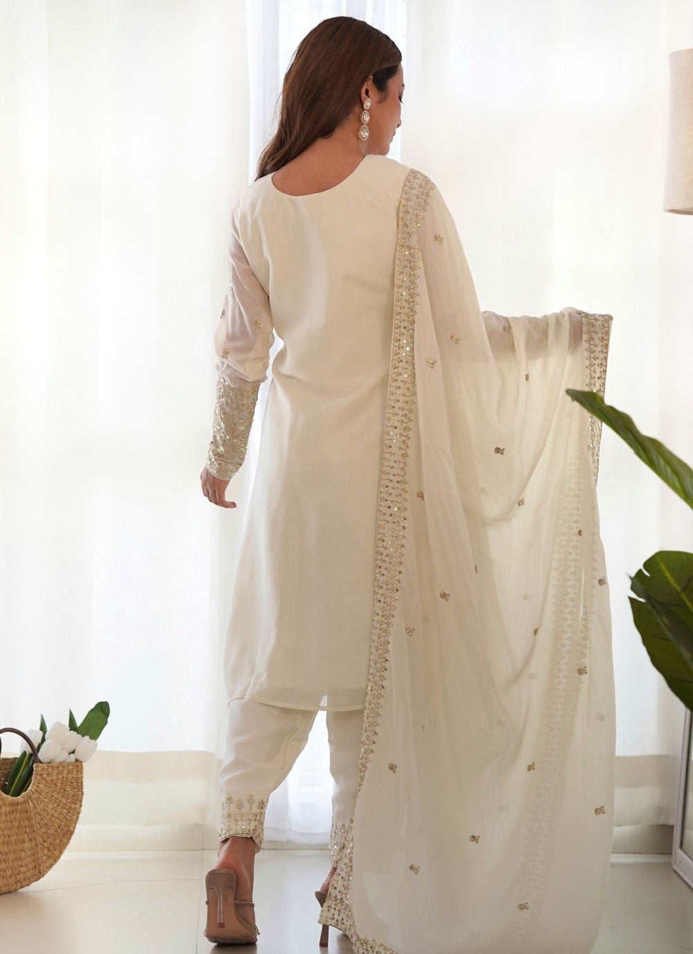 Pant Style Suit Embroidered, Sequins, Zari Off White T6998