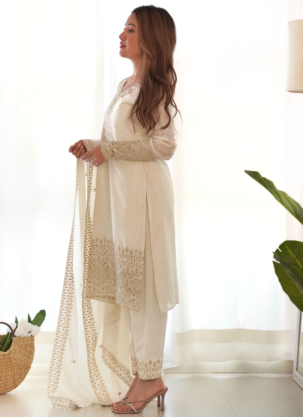 Pant Style Suit Embroidered, Sequins, Zari Off White T6998