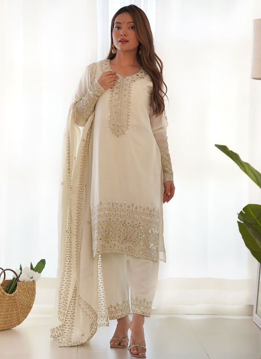 Pant Style Suit Embroidered, Sequins, Zari Off White T6998
