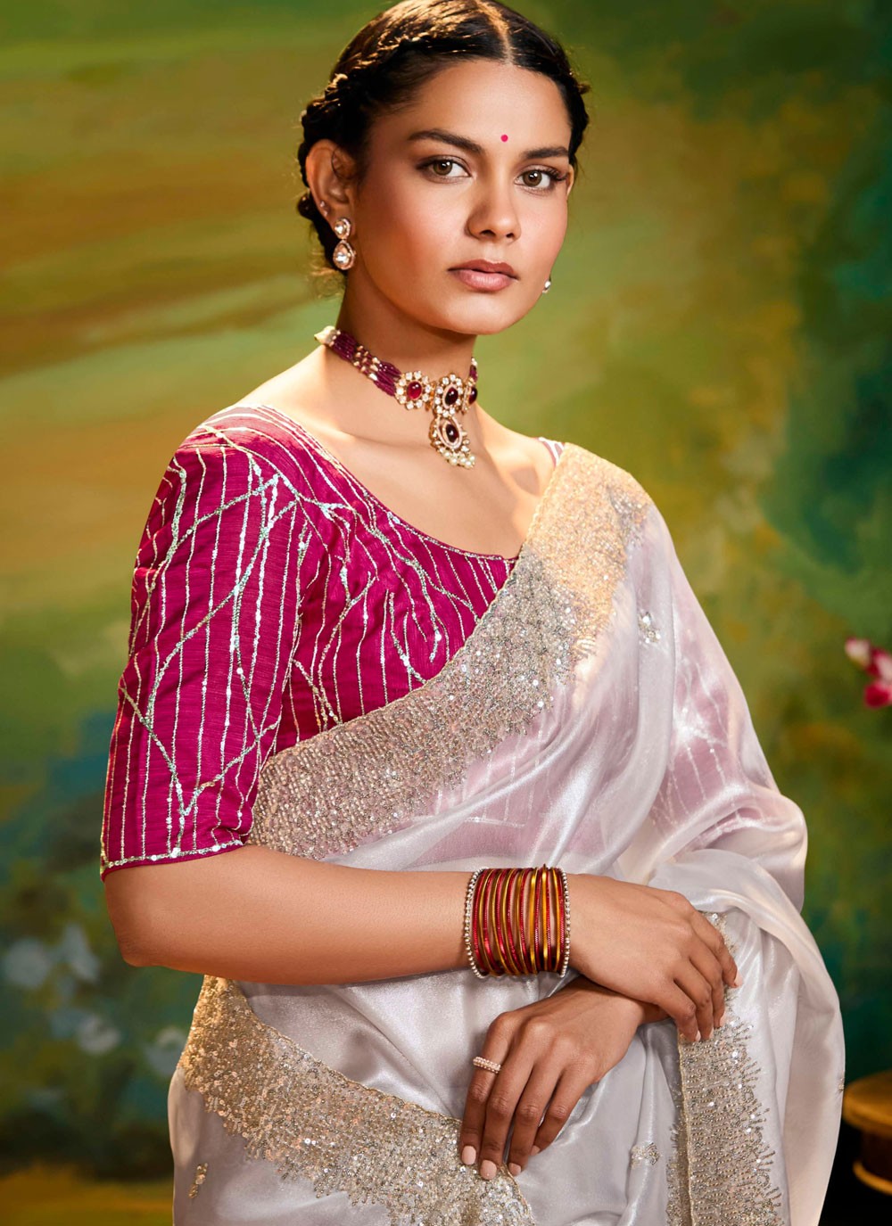Embroidered Fancy Fabric Off White Classic Saree S15254