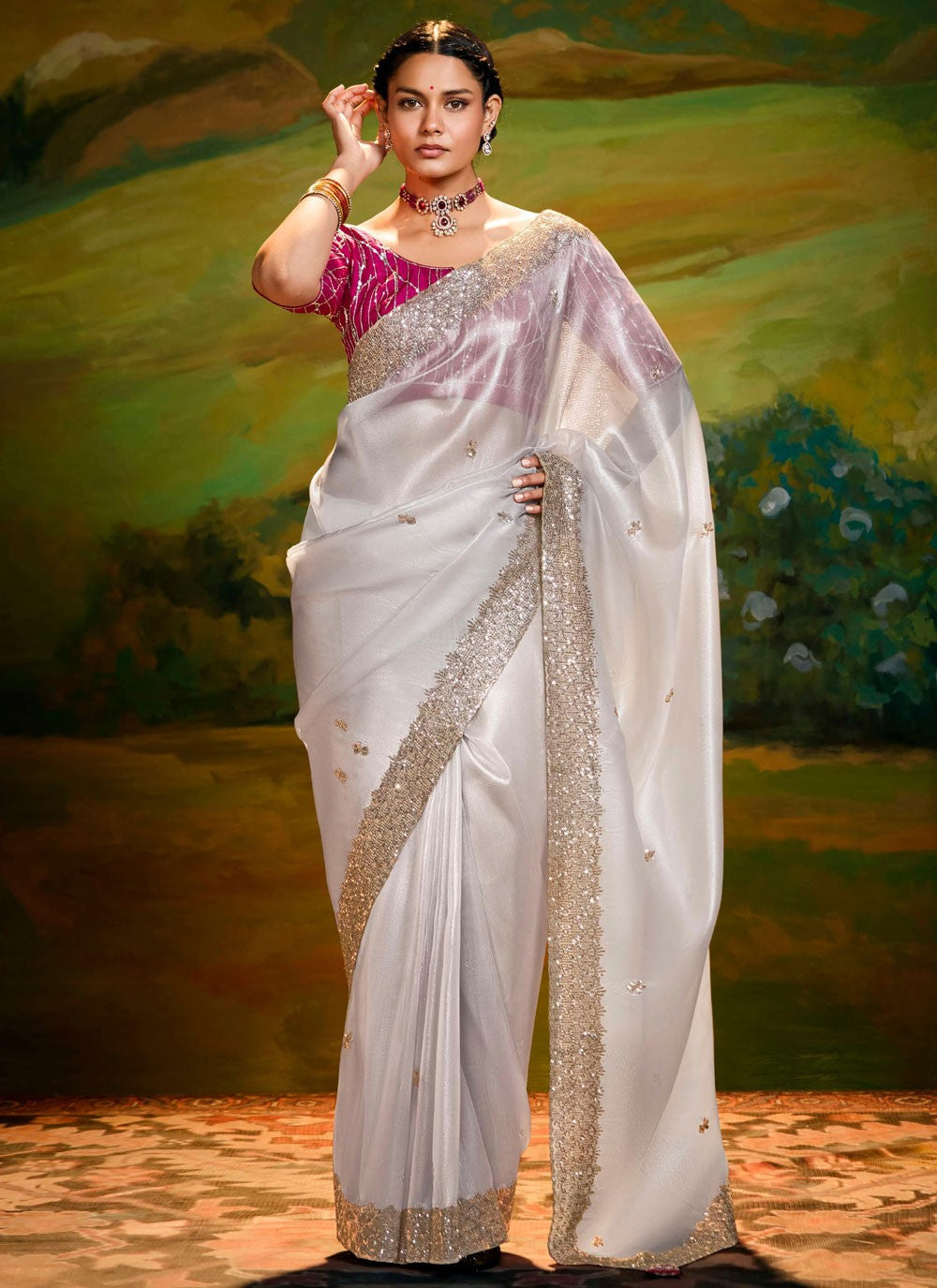 Embroidered Fancy Fabric Off White Classic Saree S15254