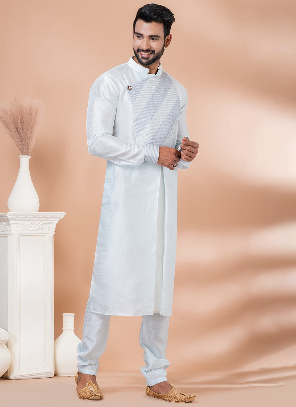Fancy Work Dupion Silk Off White Indo Western - M6965