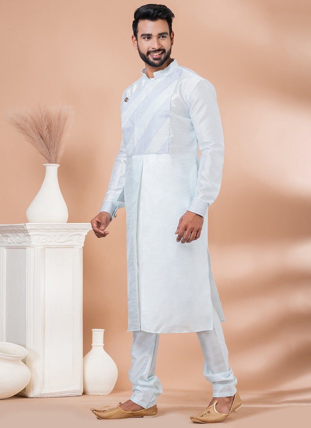 Fancy Work Dupion Silk Off White Indo Western - M6965