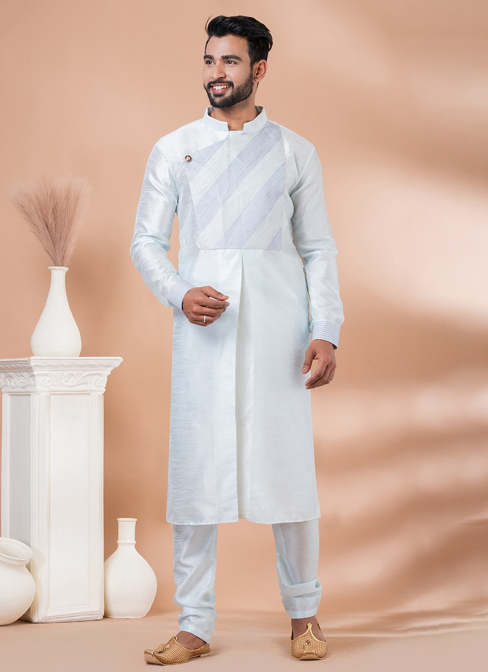 Fancy Work Dupion Silk Off White Indo Western - M6965