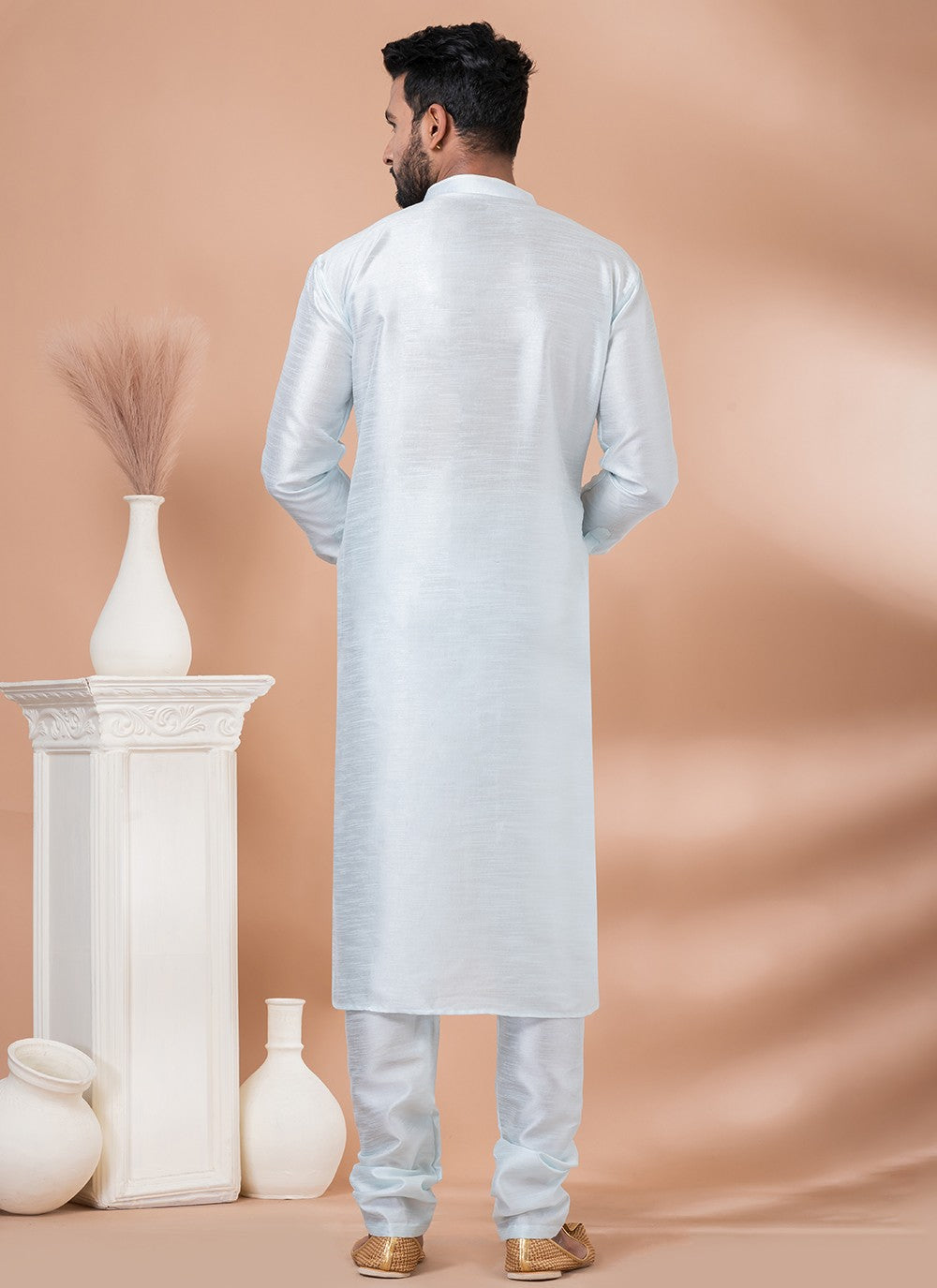 Fancy Work Dupion Silk Off White Indo Western - M6965