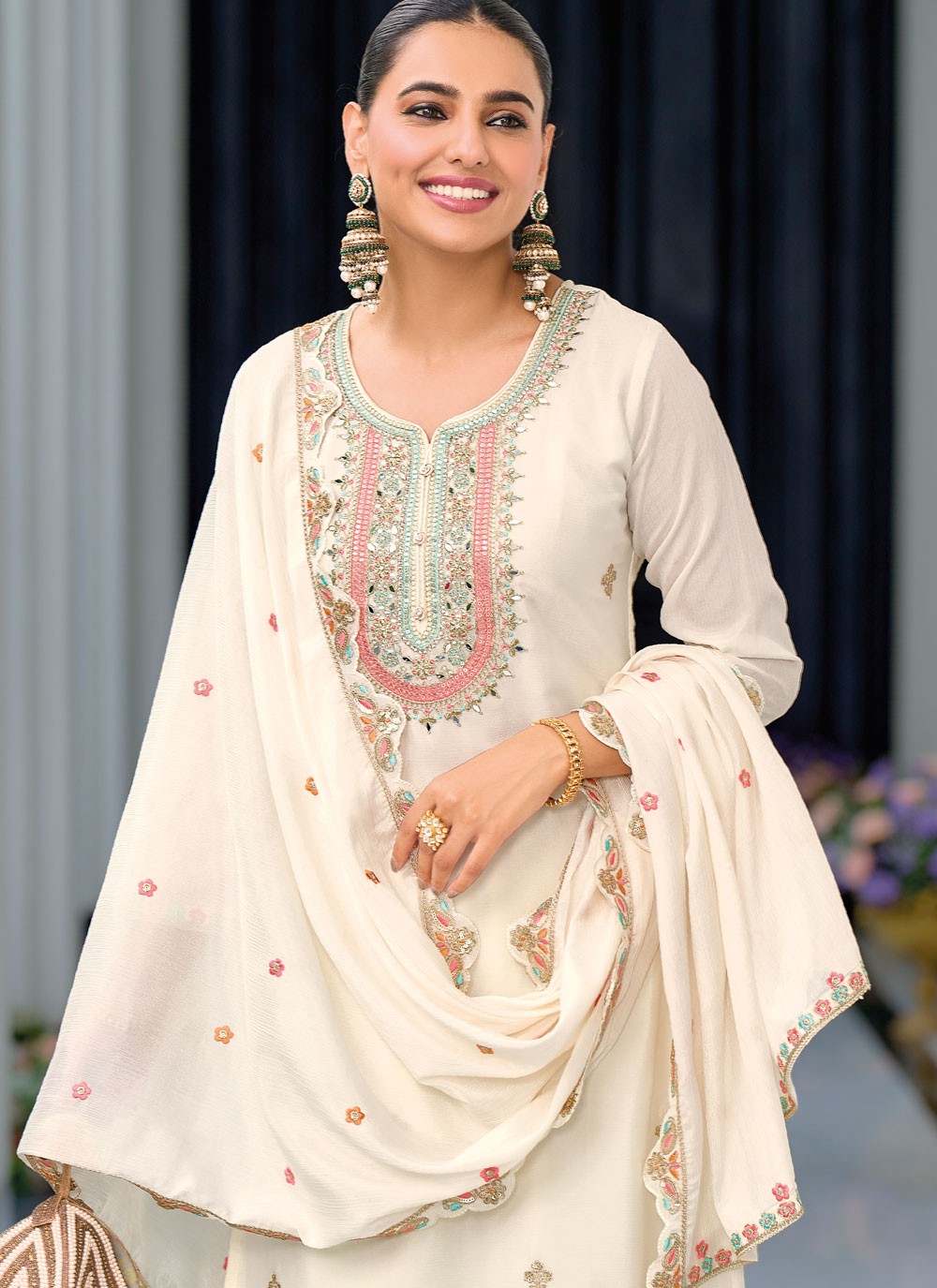 Palazzo Suit Embroidered Off White Chinon T5211