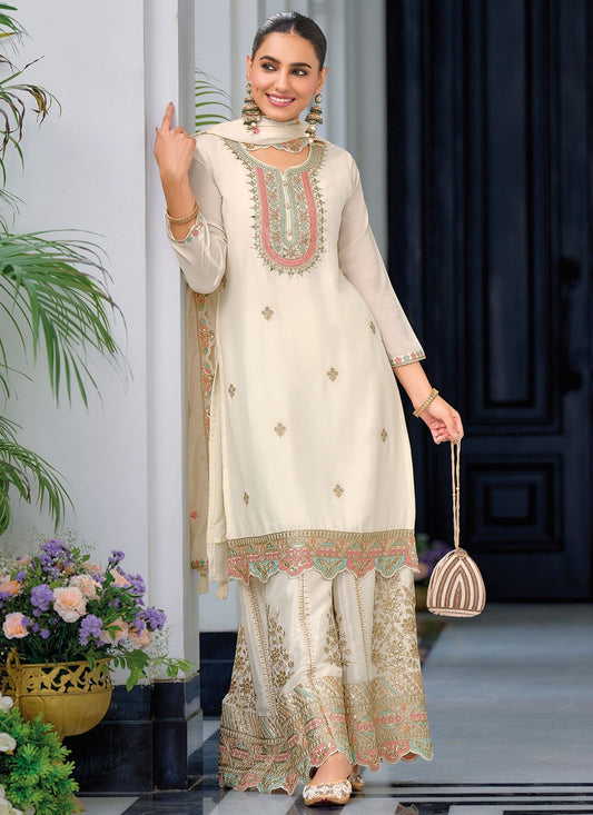 Palazzo Suit Embroidered Off White Chinon T5211