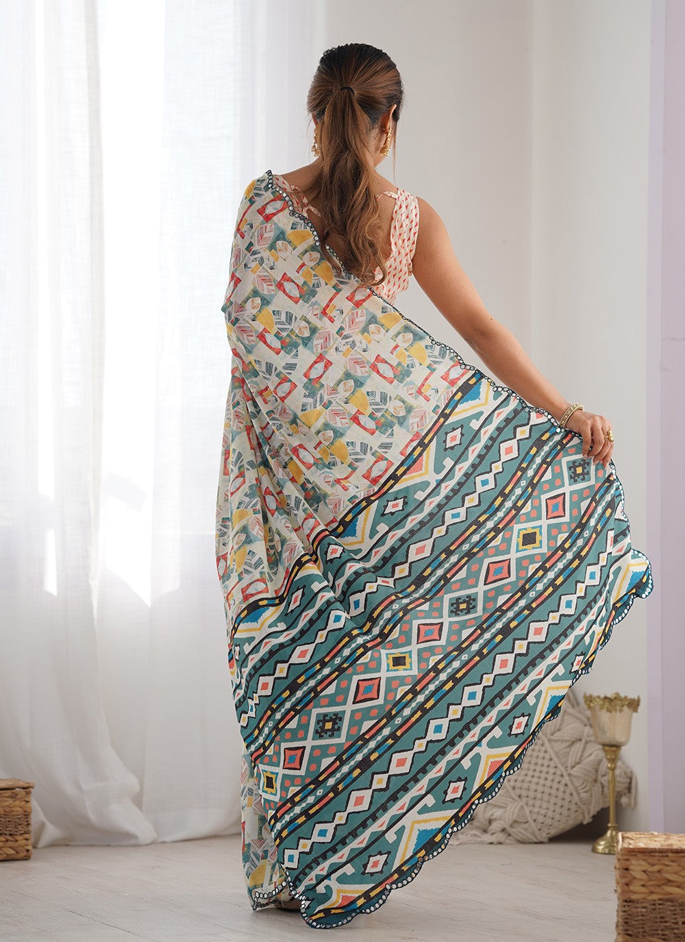 Classic Saree Digital Print Off White Chinon S12391