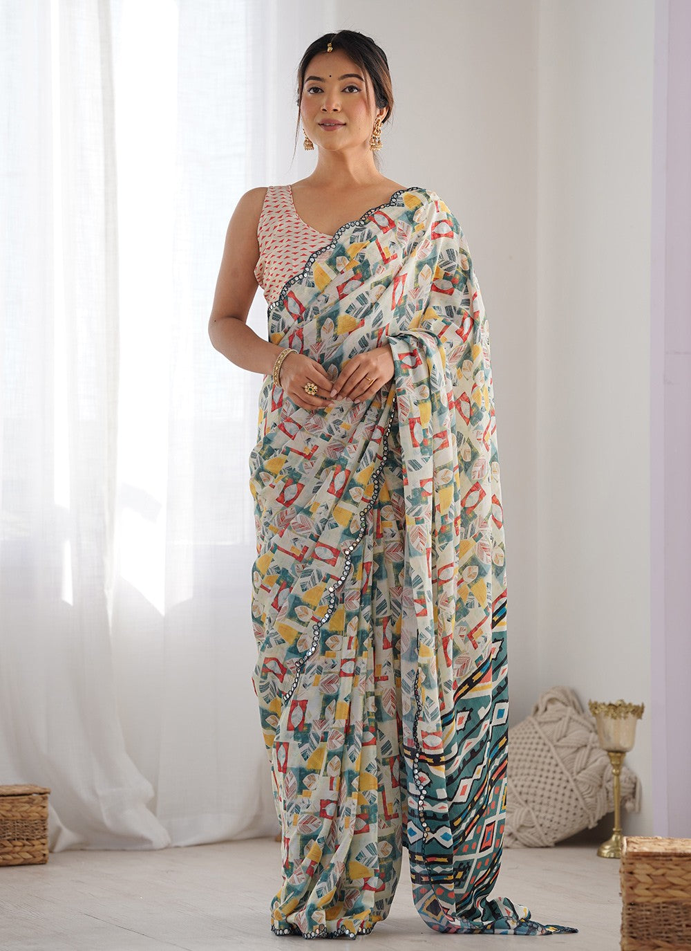 Classic Saree Digital Print Off White Chinon S12391