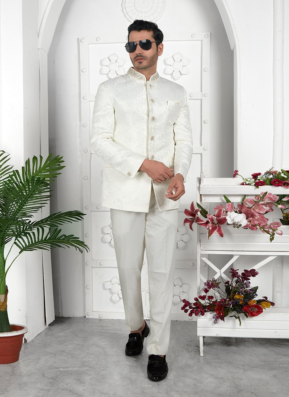 Buttons Jacquard Silk Off White Jacket Style - M6638