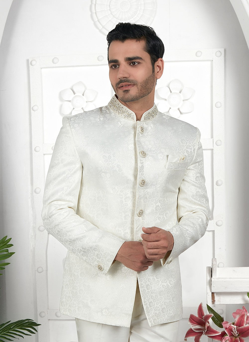 Buttons Jacquard Silk Off White Jacket Style - M6638