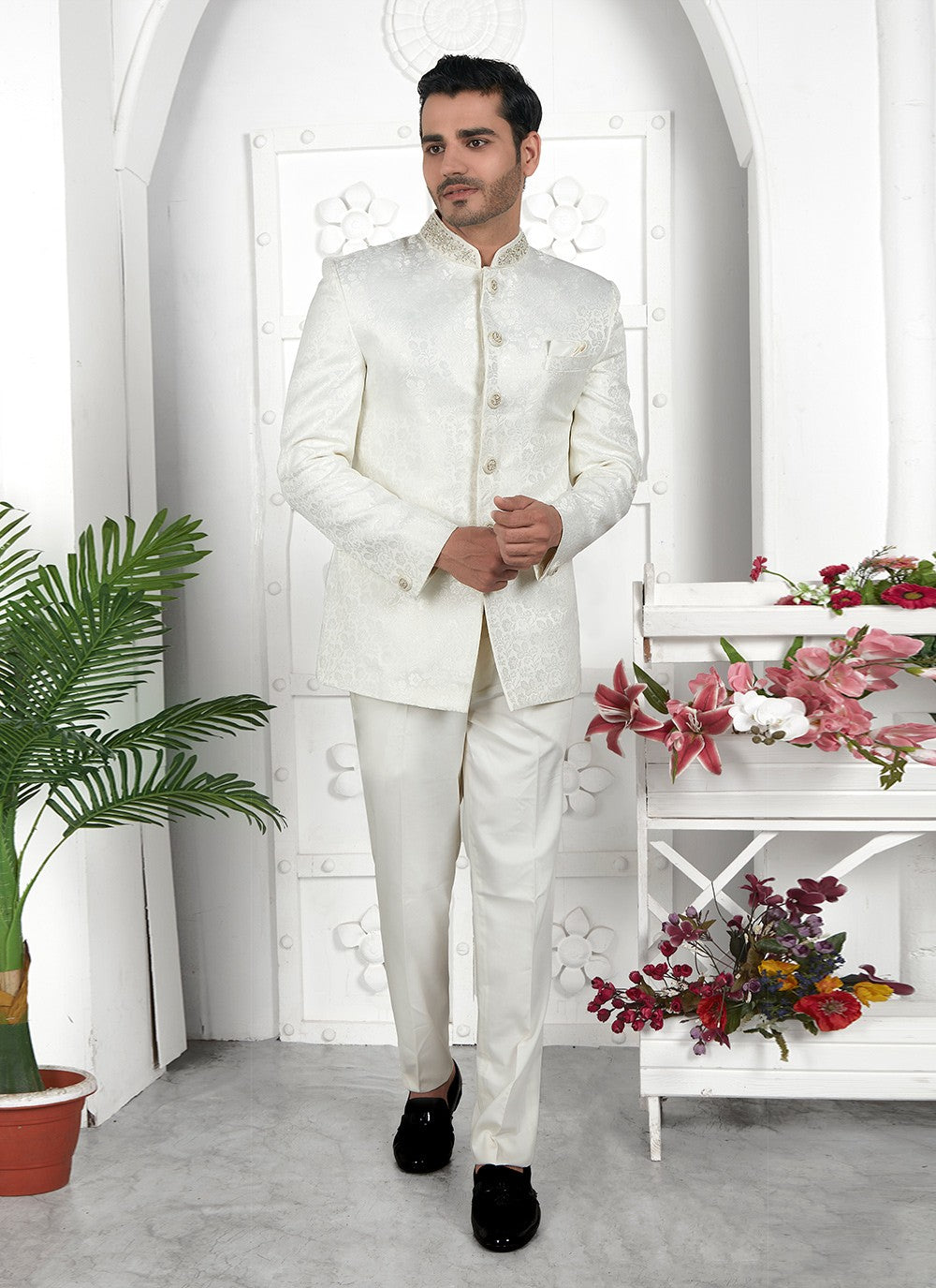 Buttons Jacquard Silk Off White Jacket Style - M6638