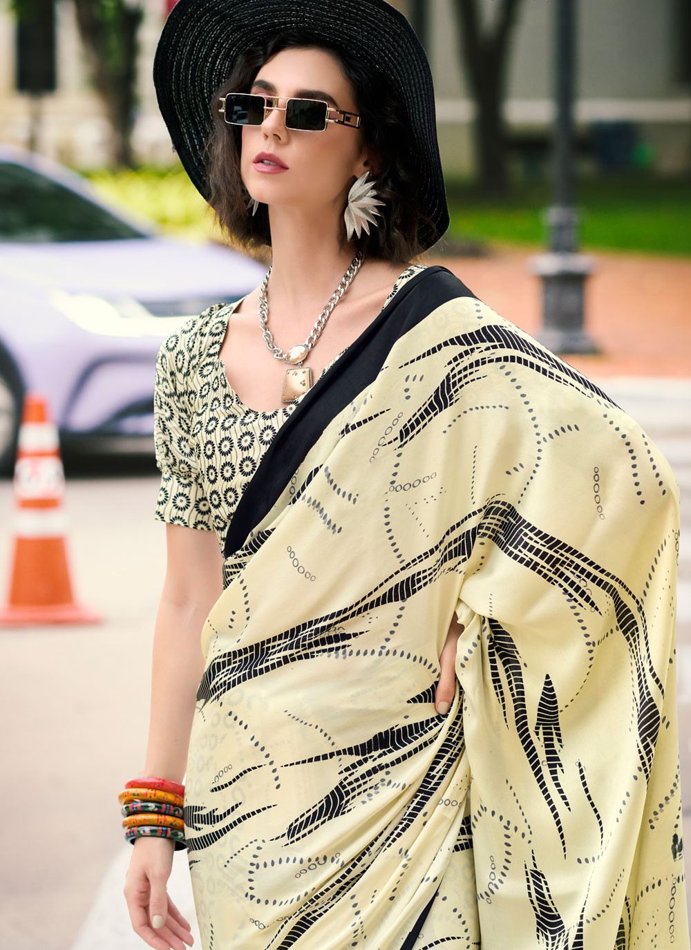 Classic Printed Satin Saree - S7498