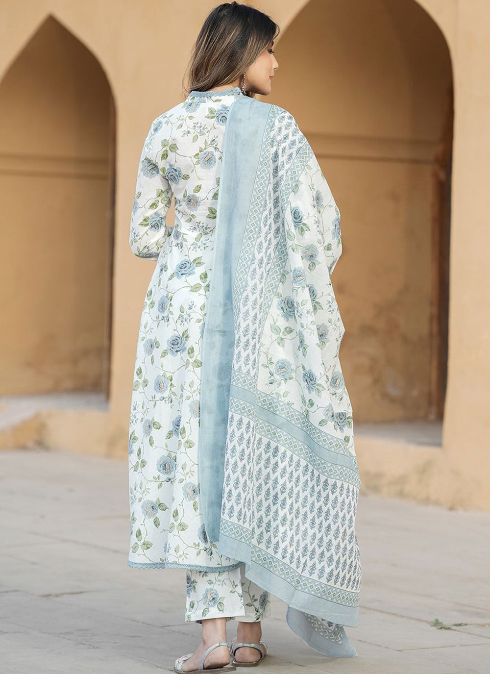Anarkali Floral Printed Off White Cotton T5199