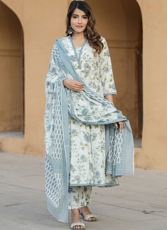 Anarkali Floral Printed Off White Cotton T5199