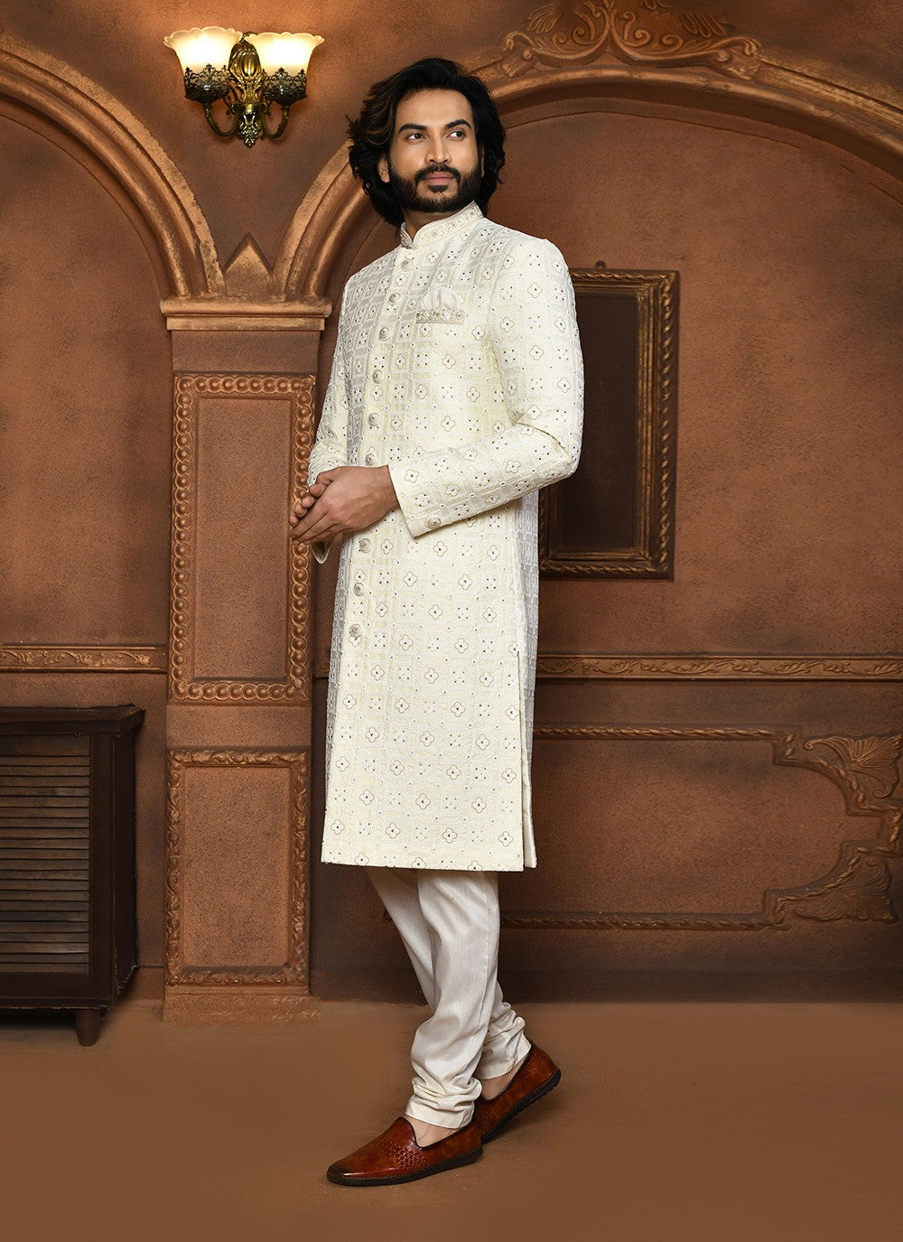 Embroidered Art Silk Off White Sherwani - M8055