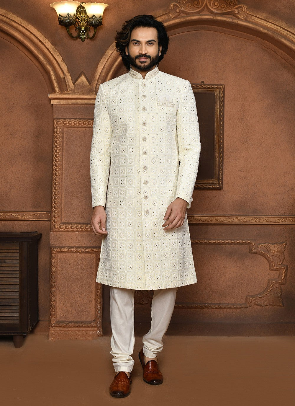 Embroidered Art Silk Off White Sherwani - M8055