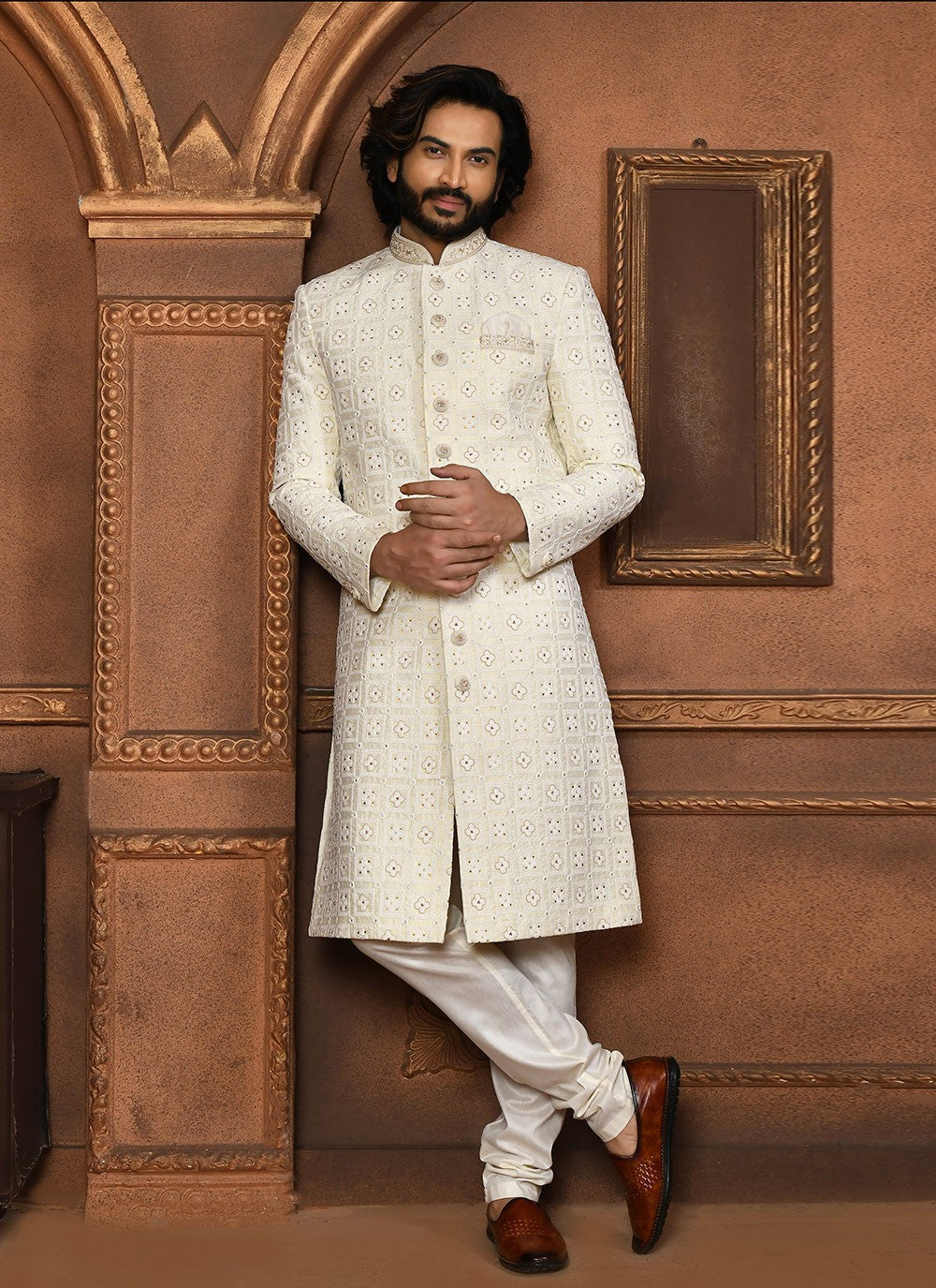 Embroidered Art Silk Off White Sherwani - M8055