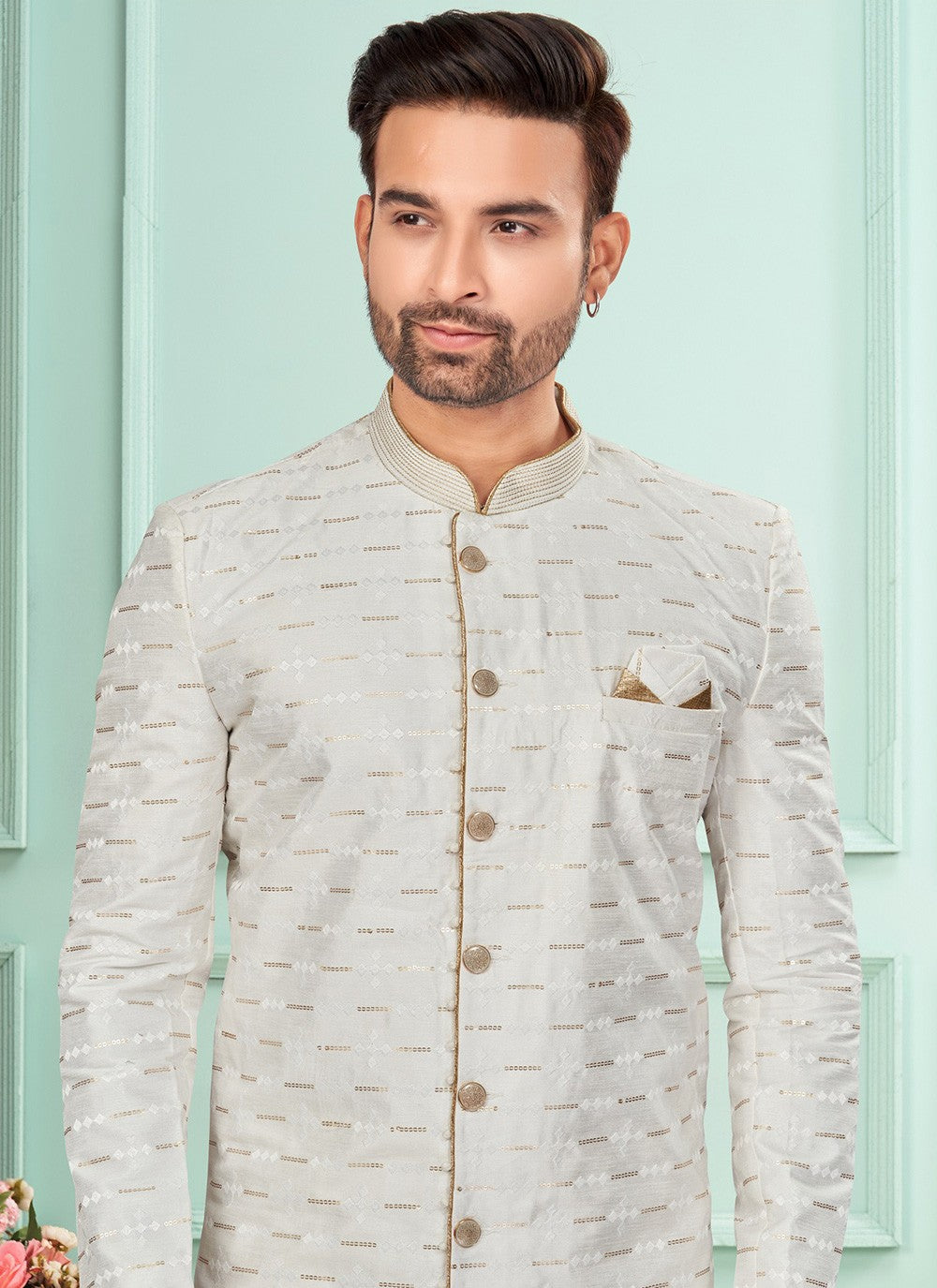 Embroidered Jacquard Off White Indo Western - M7280