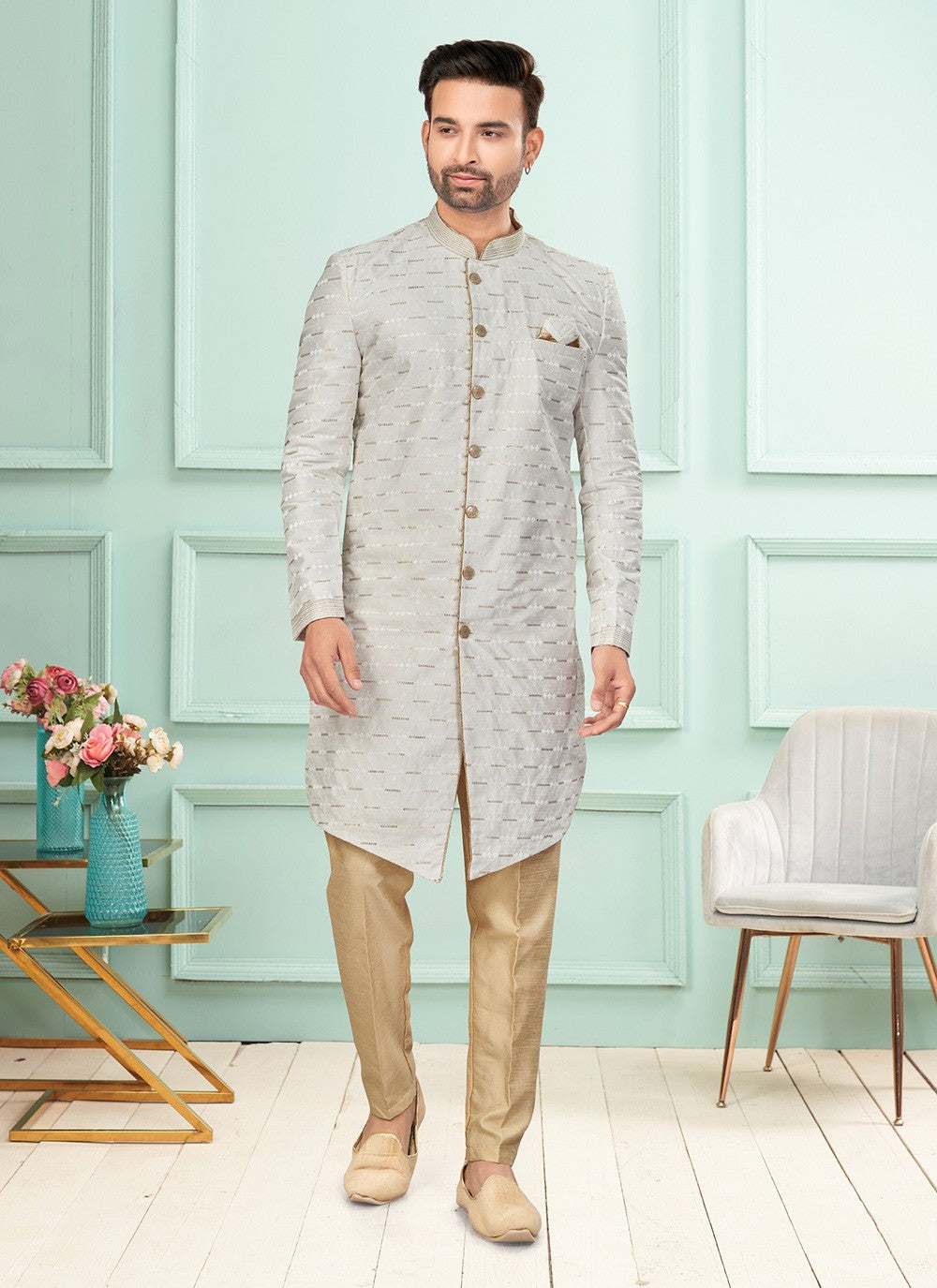 Embroidered Jacquard Off White Indo Western - M7280