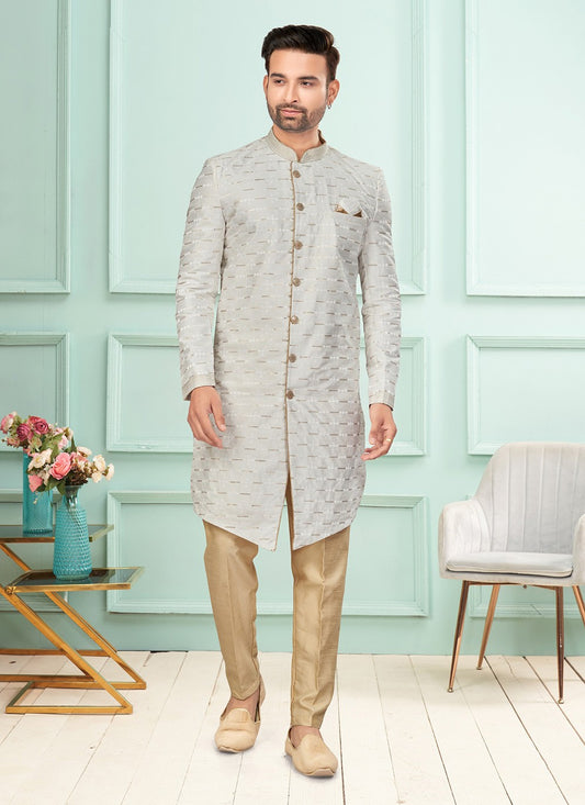 Embroidered Jacquard Off White Indo Western - M7280